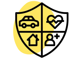 illustration d'un badge avec a l'intérieur plusieur pictogramme comme une voiture, un coeur, une maison et un bonhomme. Image a but décorative.