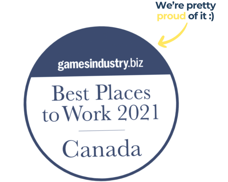 certification from gamesindustry.biz. With text Best place to work 2021 in canada. image for informational purposes.