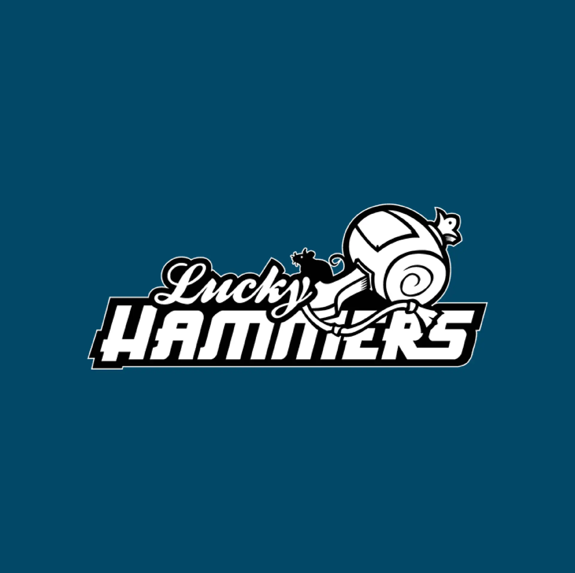 Logo de notre collaborateurs luckyhammers. l'image a un but informatif.Le logo est blanc avec un fond de couleur.